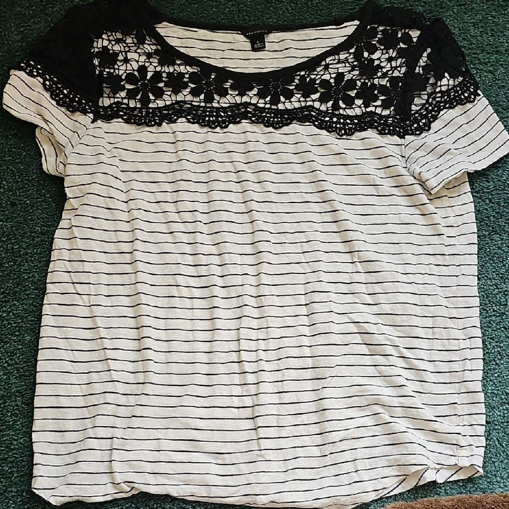 Ann Taylor Black and White Striped Top with Lace Detail